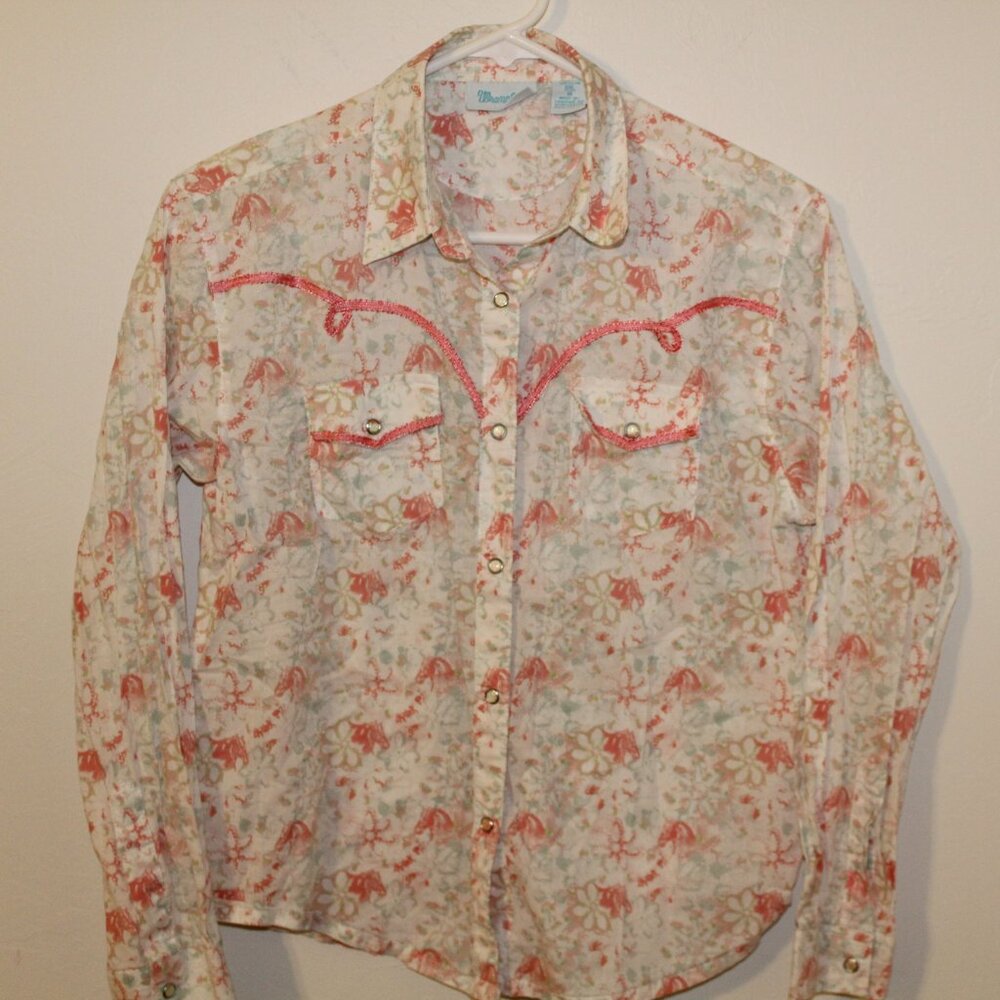 Wrangler Girls  Coral and Cream Print Pearl Snap Shirt